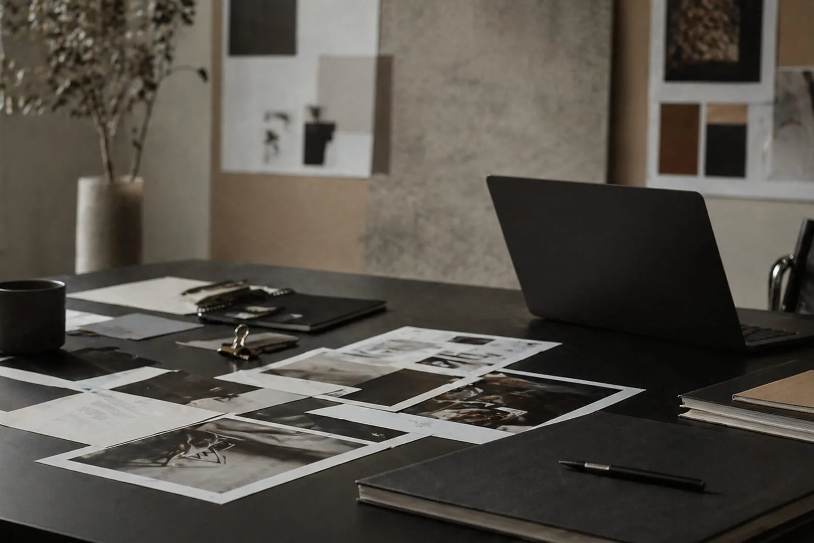 Marketing team workspace with planning notes and creative materials
