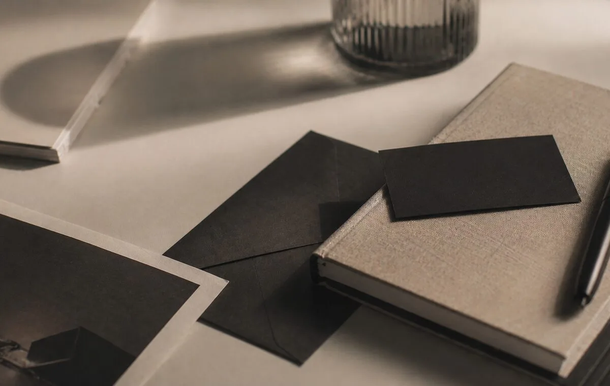 Notebook, envelope, pen, and brand collateral on a marketing studio desk