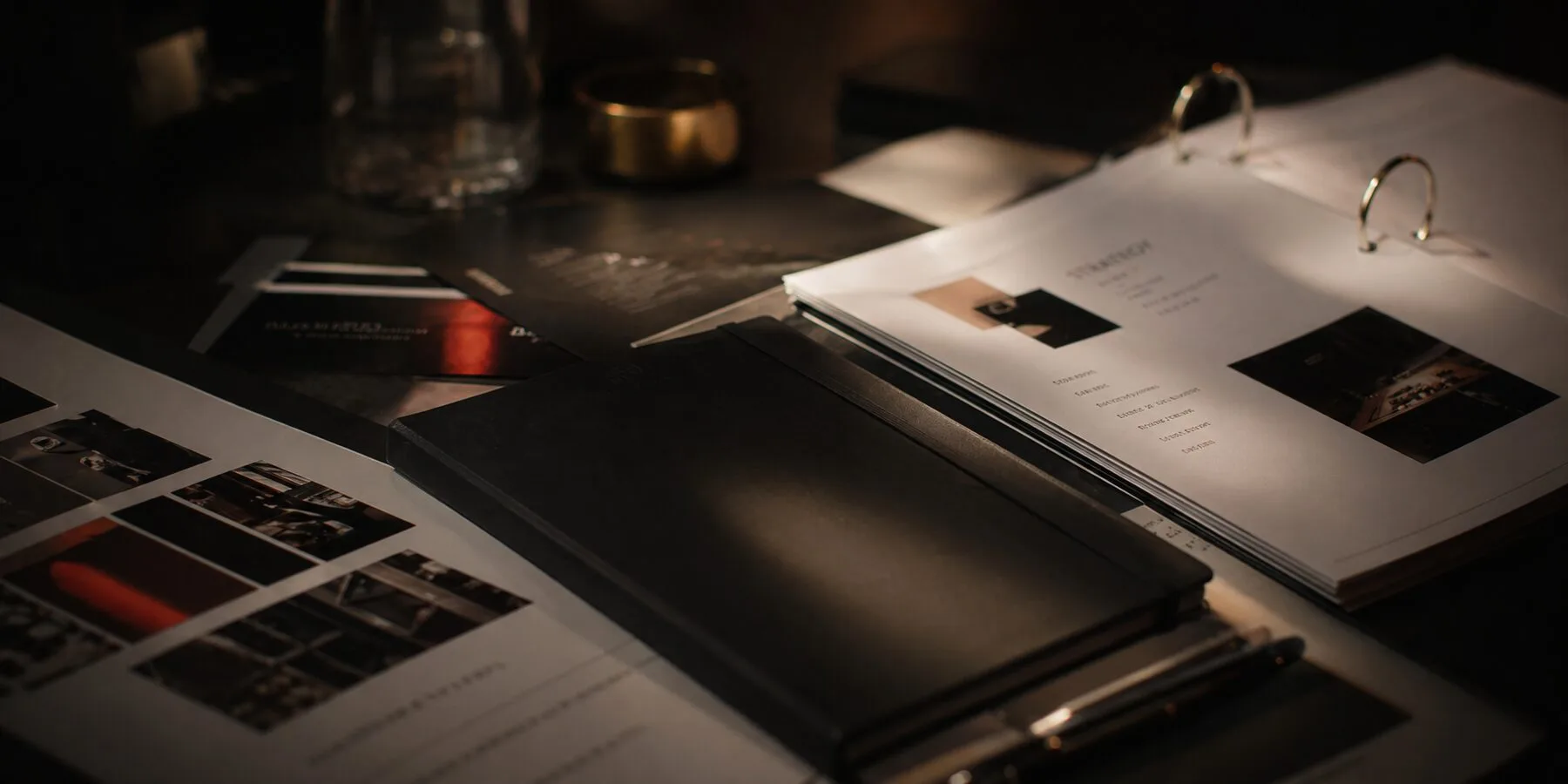 Moody studio desk with marketing strategy materials