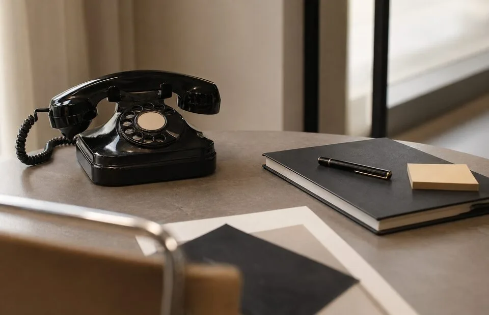 Black office phone and notebook on a studio desk